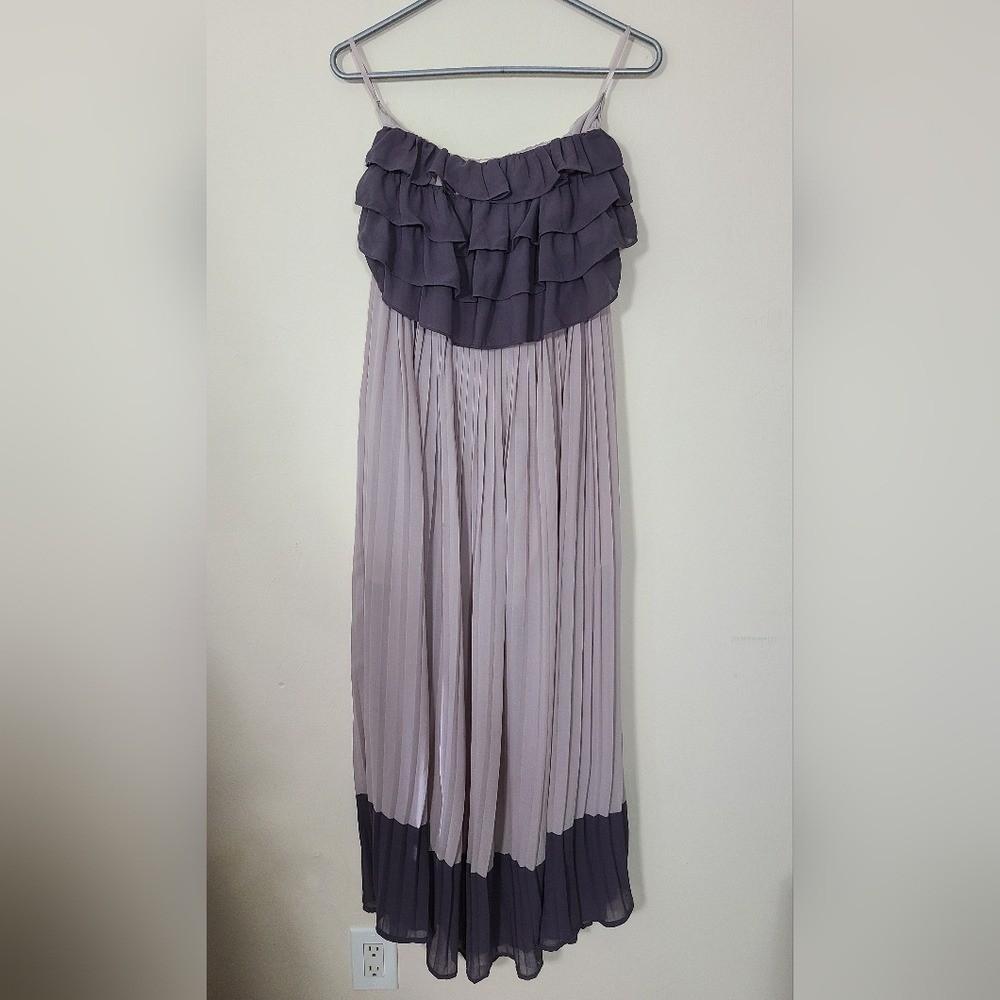 Ya Los Angeles Silk Purple Pleated Strapless Maxi Dress Two Tone Tube Top Size L