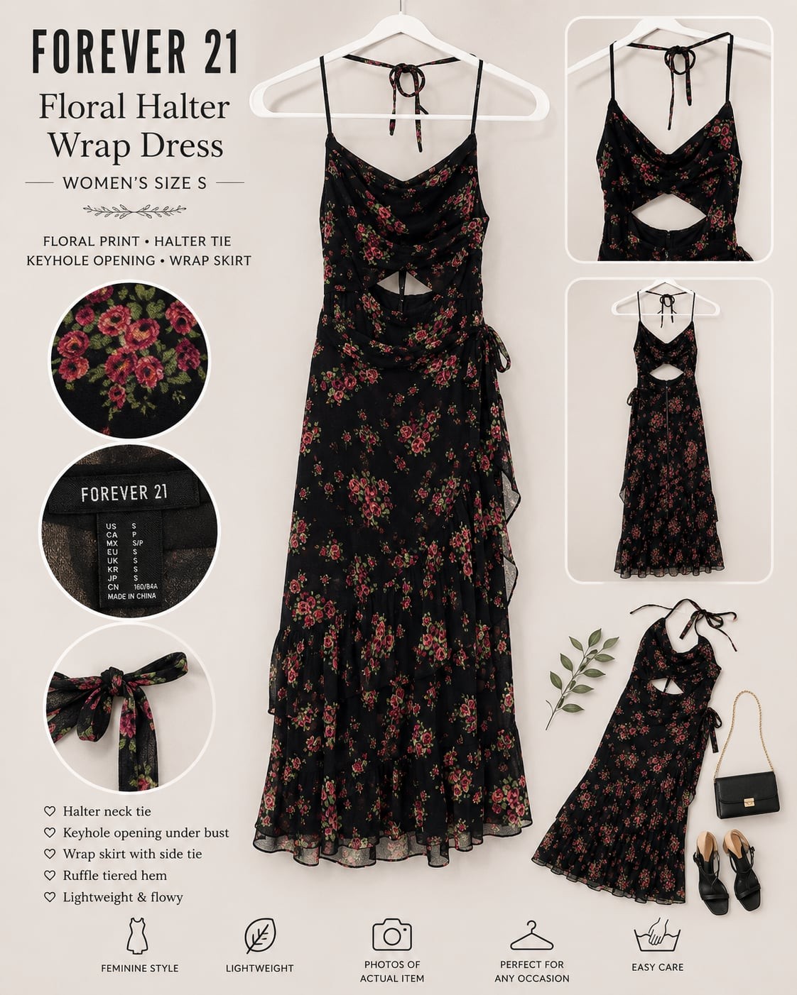 Forever 21 Floral Halter Wrap Dress with Keyhole and Ruffle Hem