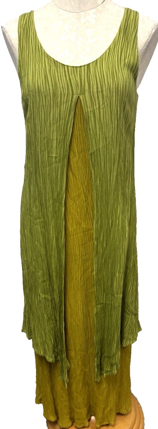 Silver Moon Creations Maui Hawaiian Maxi Crinkle Dress Layered Crepe Green Gold