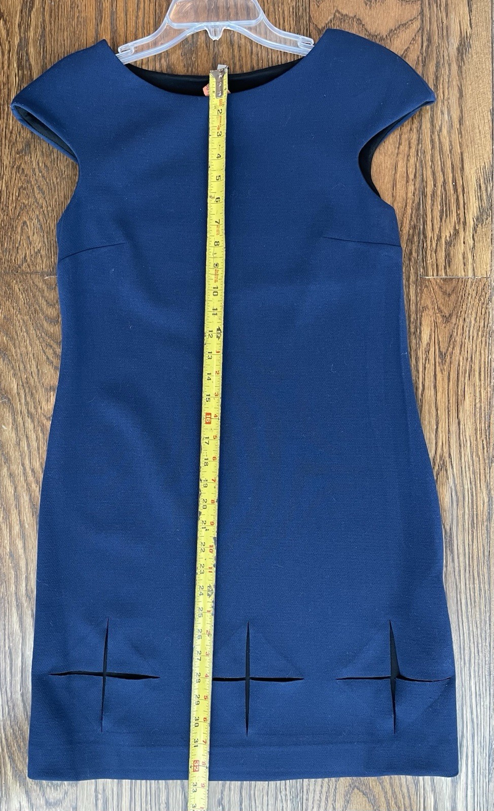 Cop Copine navy sheath dress Sz 36 (S) X cutouts at hem Fresh dry clean
