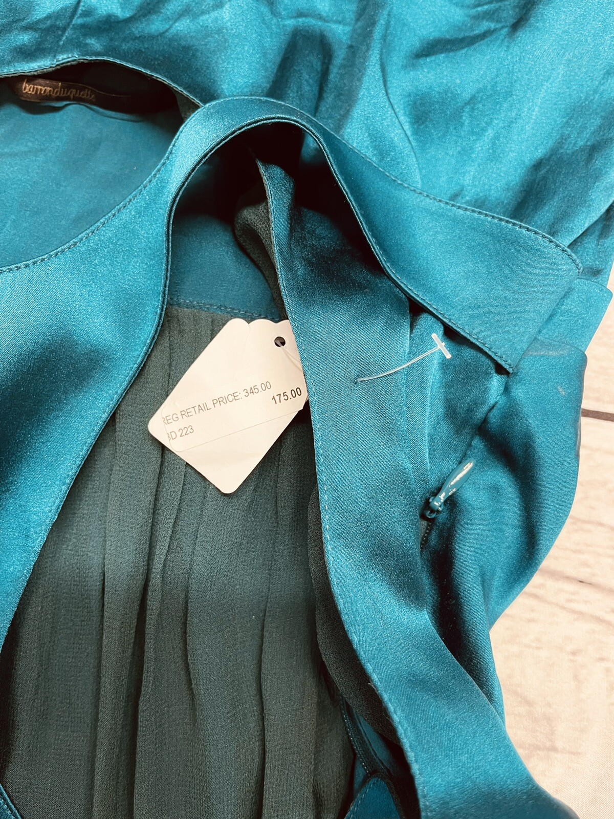 NEW BARRON DUQUETTE Medium 35” Bust Teal Silk Satin Long Dress *AS IS See Pics