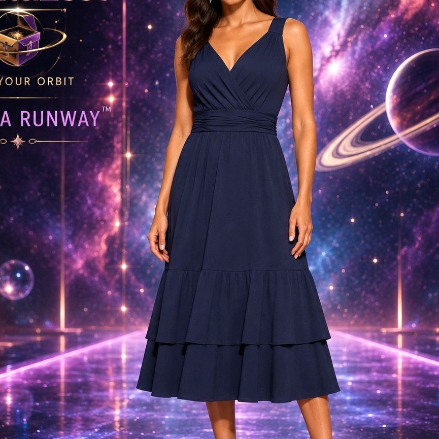 SLNY Dress Sz 12 Navy Blue Faux Wrap Sleeveless Chiffon Midi Cocktail Party NWT