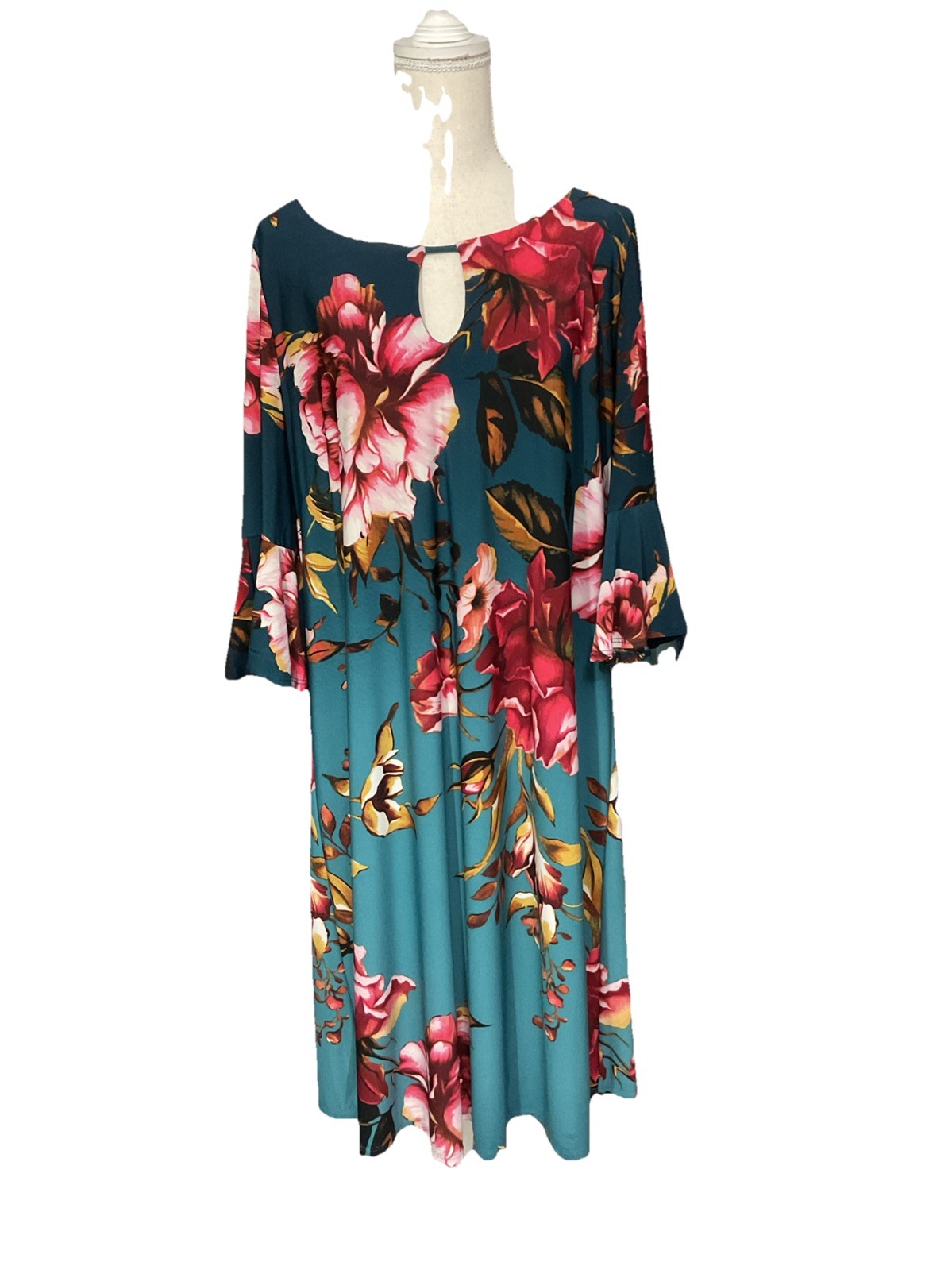 Roz & Ali Teal Blue Floral Hawaiian Midi Dress Bell Sleeves Zip Back Size 2X