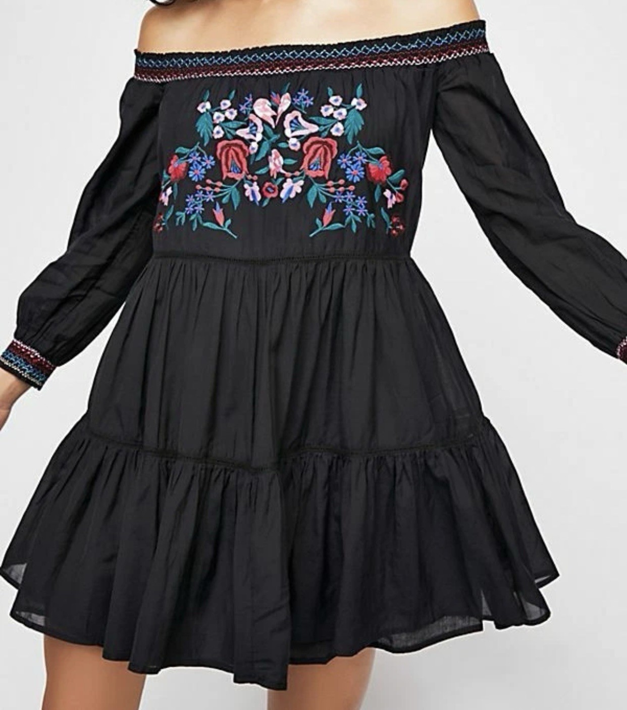 Free People Dress Womens Size XSmall Black Floral Embriodered Cotton Blend Dress