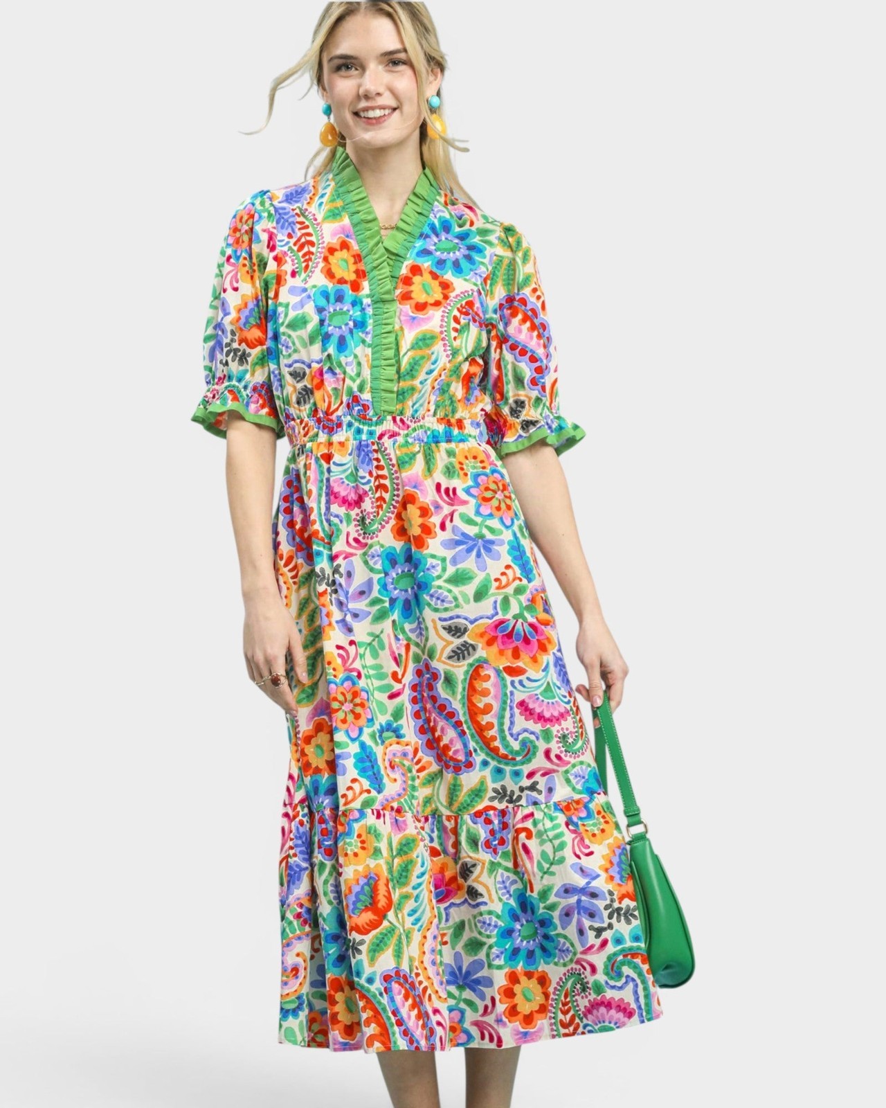 NWT New Umgee Cream Mix Paisley Floral Midi Dress Fiesta Bright Colors Size M