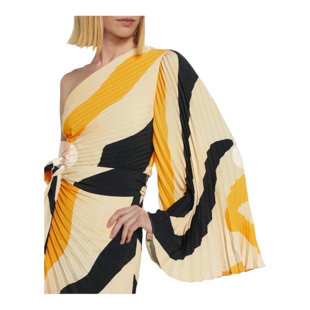 Milly One Shoulder Linden Zebra Pleated Mini Dress Size 8 Beige Yellow Black