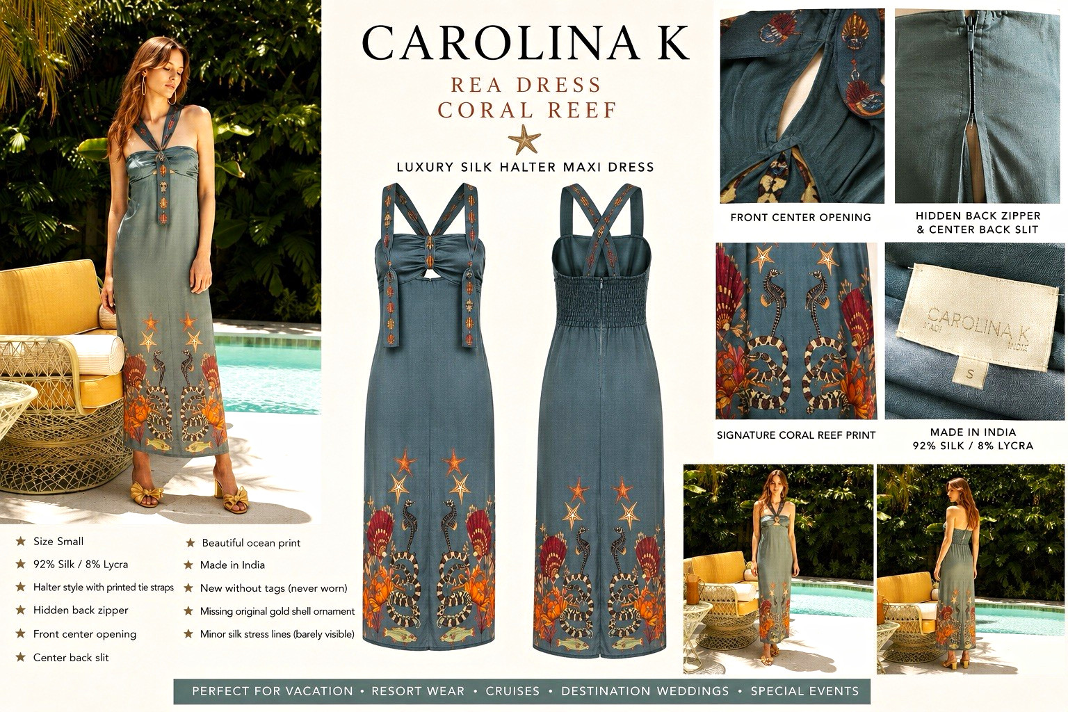 Carolina K Silk Halter Maxi Dress Light Teal Reef Coral Print Size S