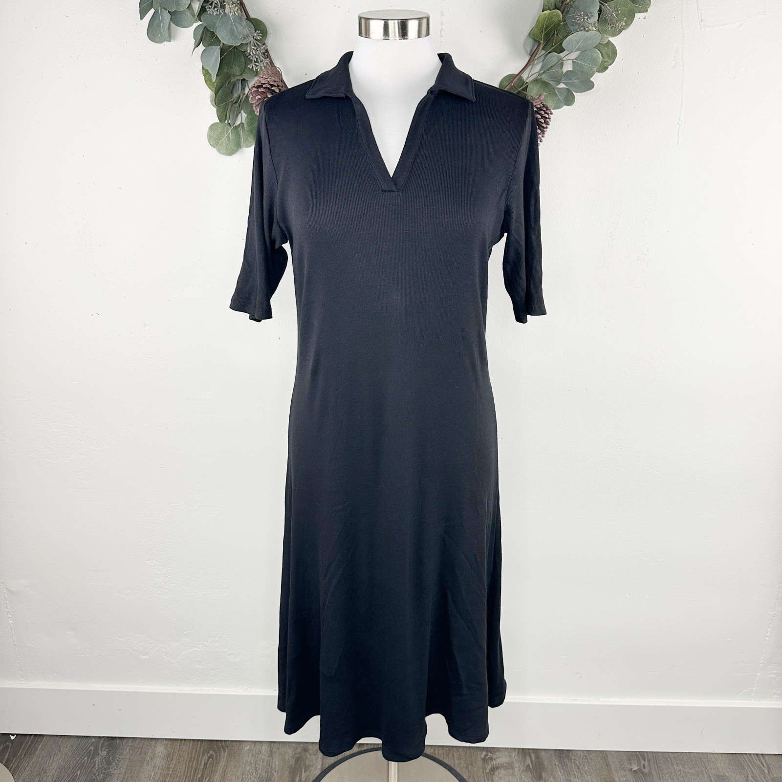 Elie Tahari Womens Dress L Black Rib Knit Polo Collar Midi Short Sleeve A Line