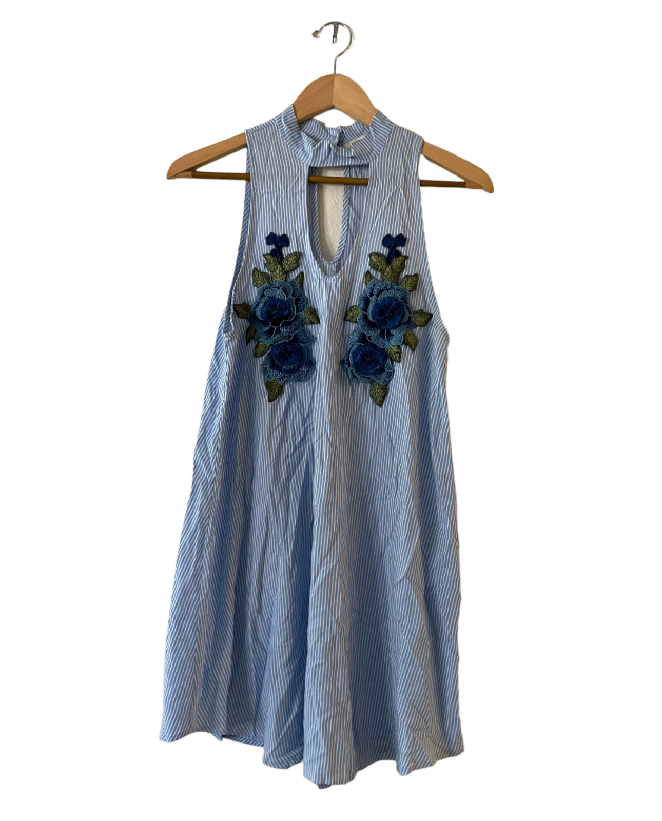 Vintage Havana Size M Floral Embroidered Striped Mini Dress Keyhole Sleeveless