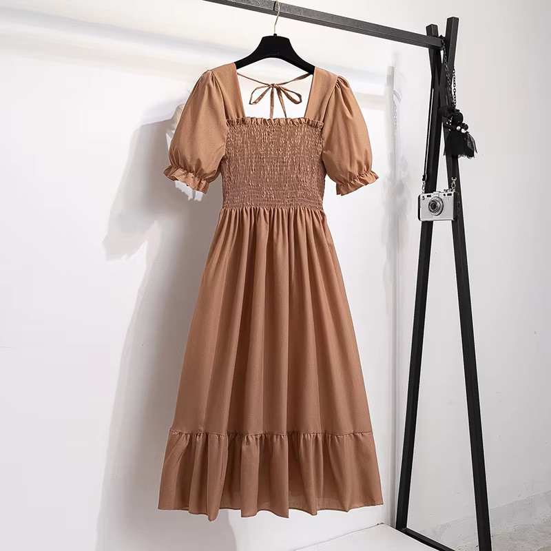 Chic Spring Summer Chiffon A-Line Dress with Elastic Waist and Short Sleeves