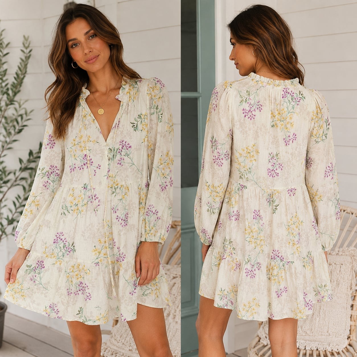 Taylor Floral Tiered Mini Dress Lyocell Ruffle Tie Neck Long Sleeve Women’s