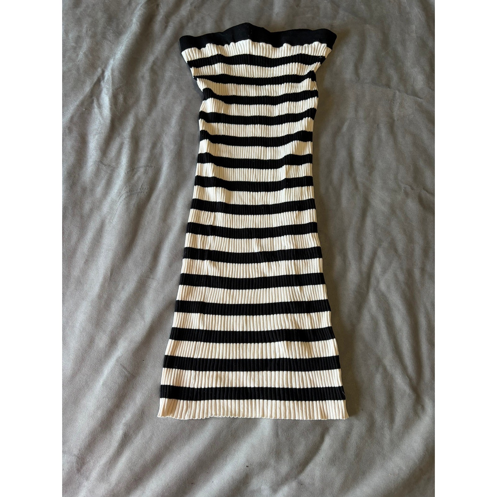 H&M Black White Striped Ribbed Knit Strapless Tube Midi Dress Medium Bodycon