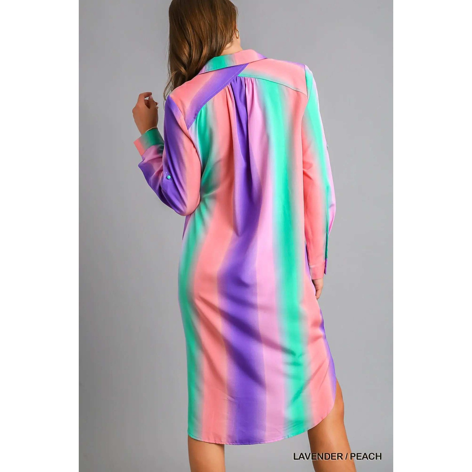 Lavender Peach Ombre Striped Button Down Shirt Dress Roll Tab Sleeve High Low