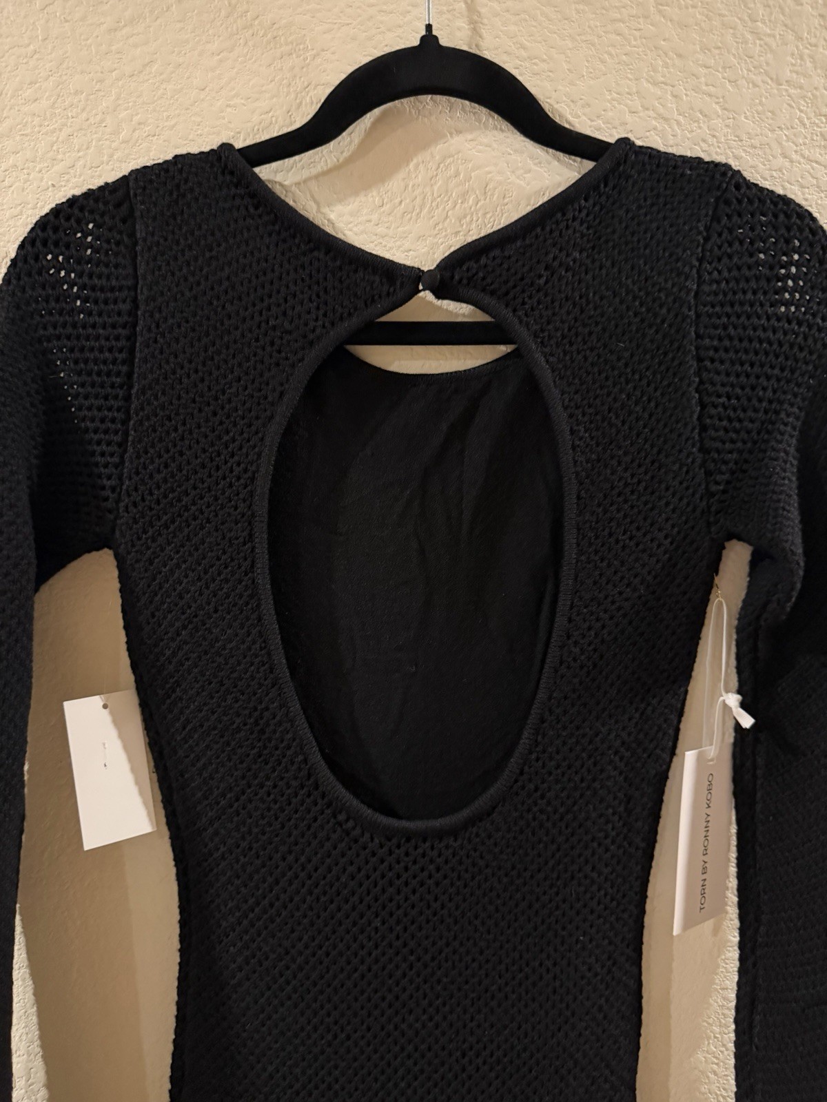 NWT Torn by Ronny Kobo Black Bodycon Long Dress Knit Open Back Feather Trim S