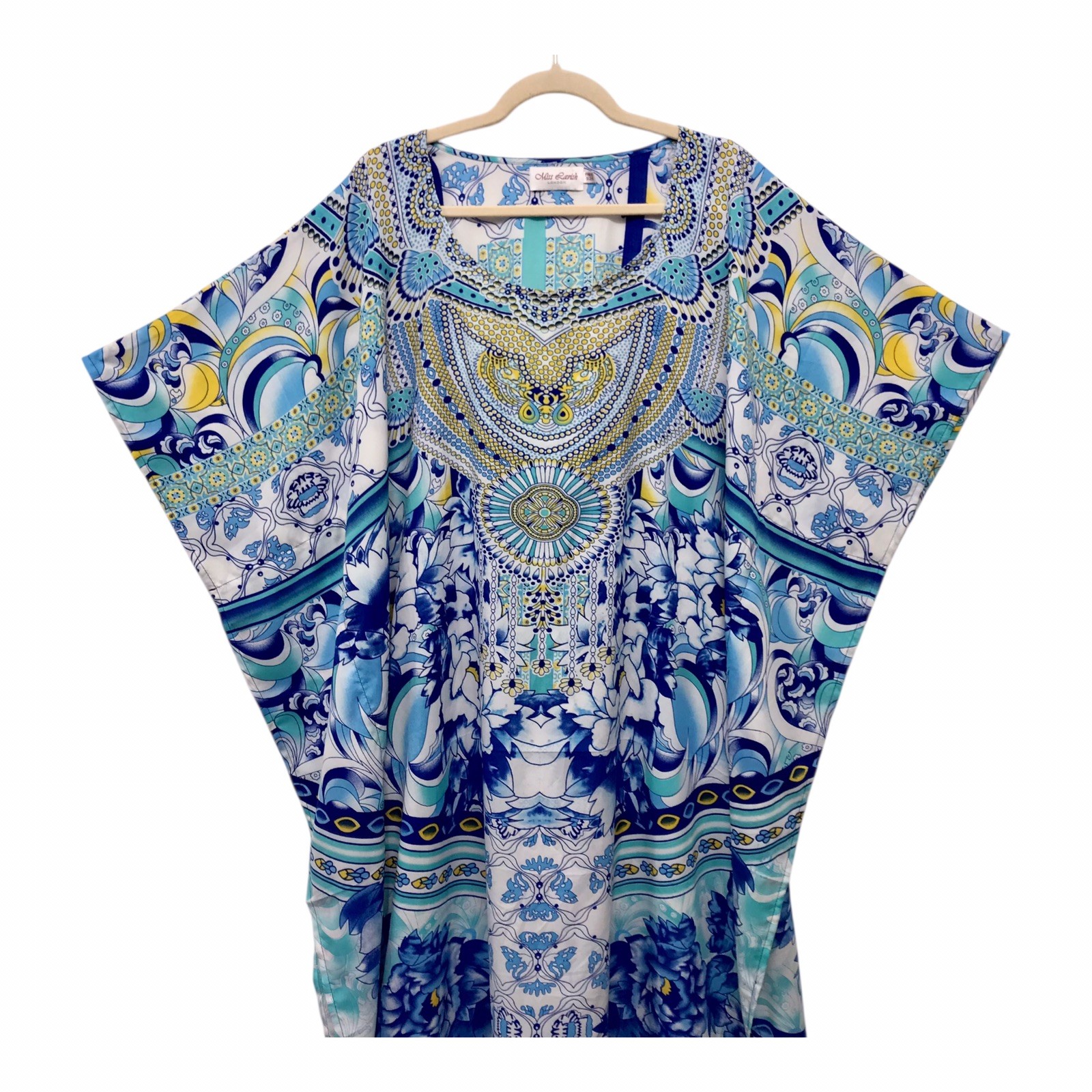 MISS LAVISH London Boho Kaftan Dress Blue Gold Baroque Retro Satin Muumuu O/S