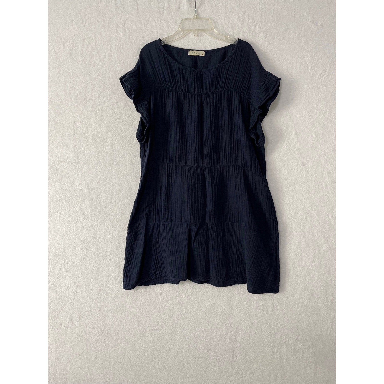 Stark X Navy Blue Cotton Double Gauze Tiered Flutter Sleeve Mini Dress Small