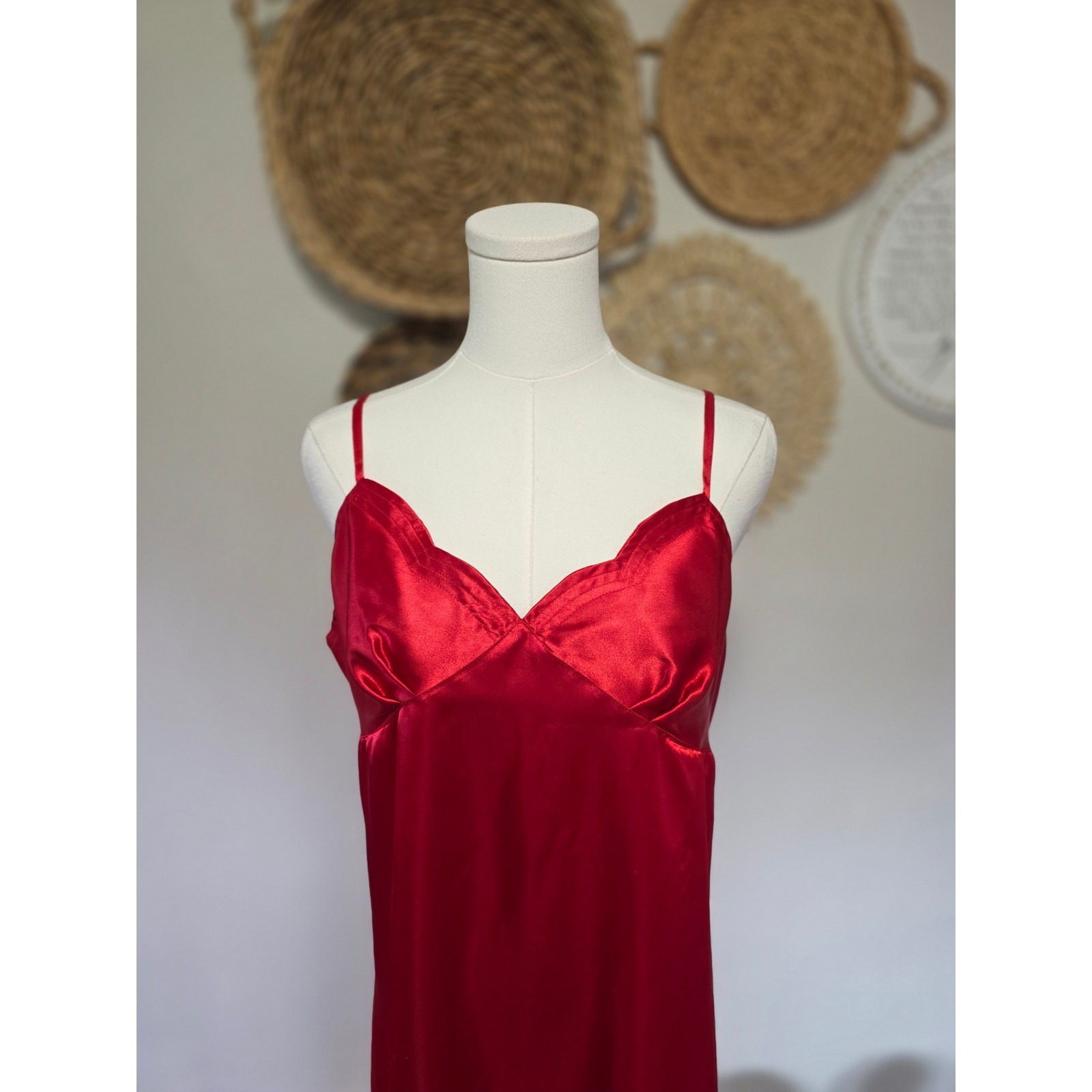 Vintage Sleep Solutions Red Slip Maxi Dress Women M Scalloped Lingerie Nightgown