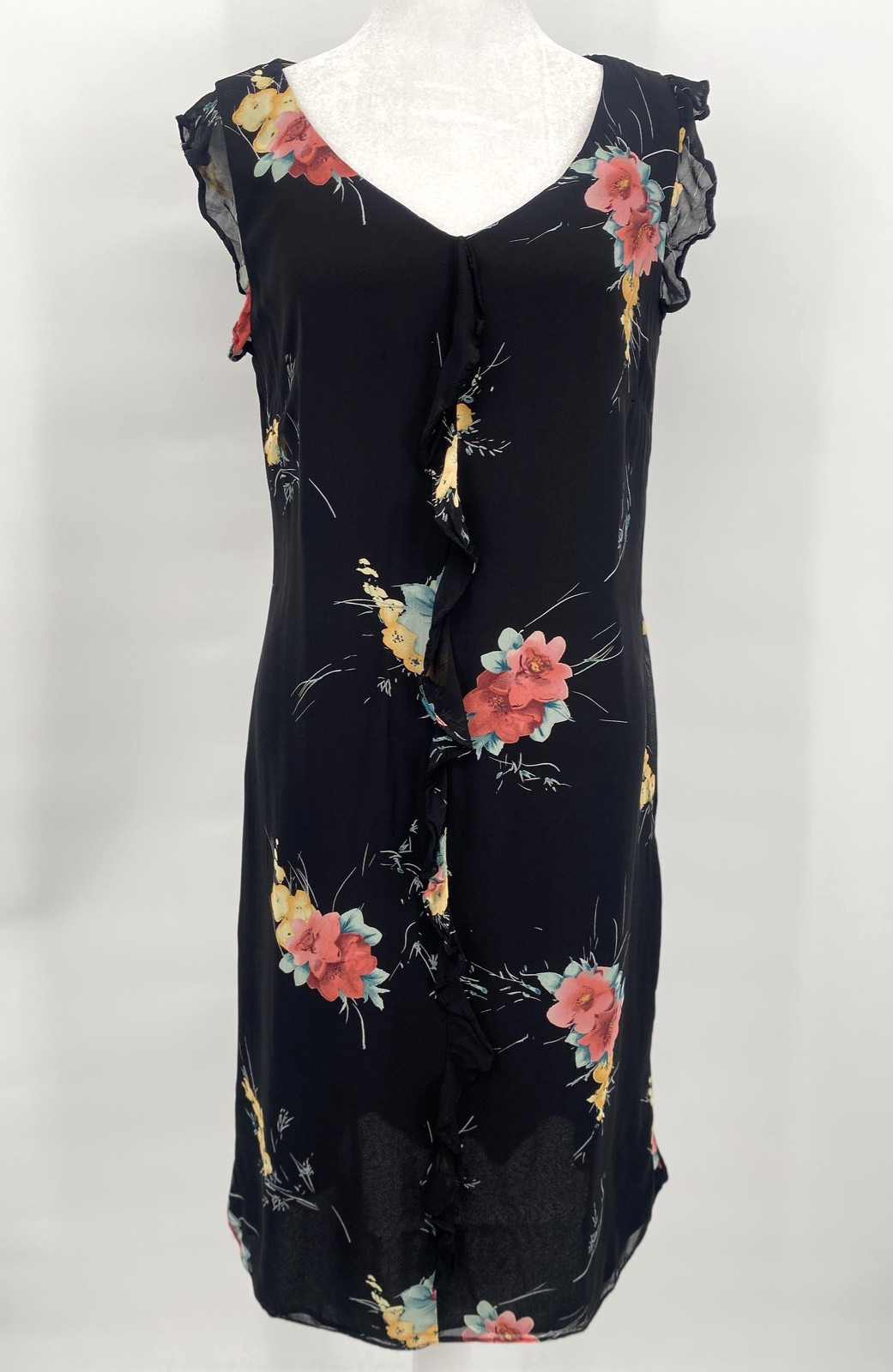 VTG Carole Little Dress Womens 10 Black Floral Chiffon Ruffle Midi Made USA 90s