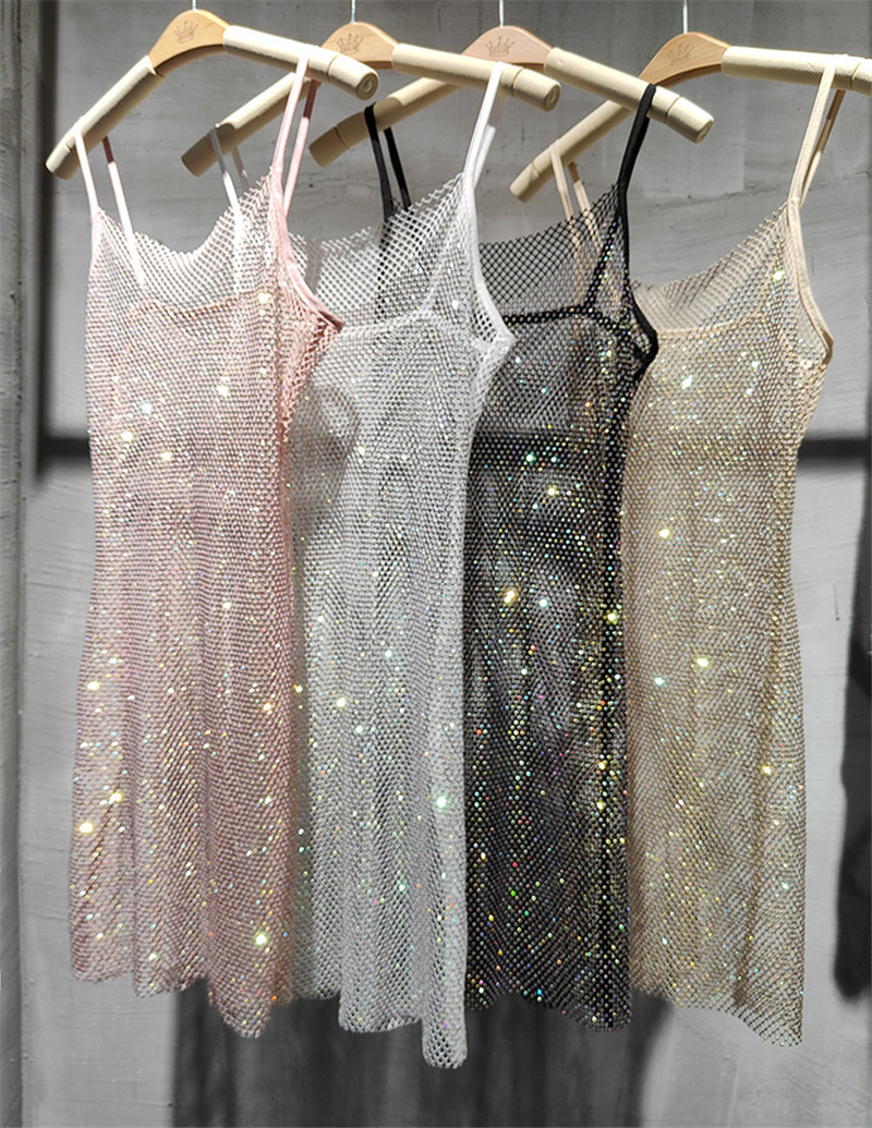 Sexy Bright Rhinestone Crystal Wrap Hip Strap Mid Length Slim Fit Trendy Dress