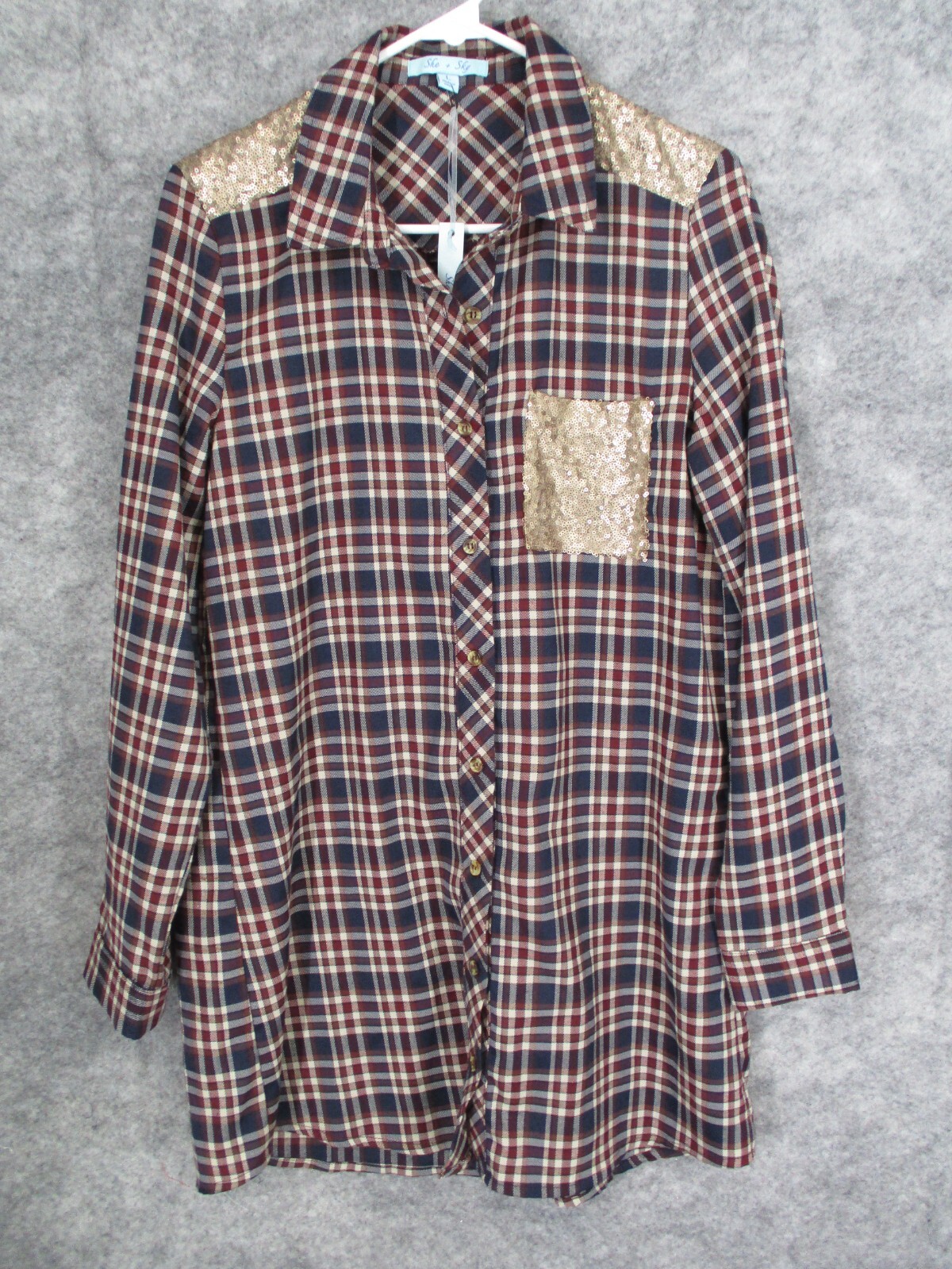 She+Sky Women’s Dress Large NEW NWT Sequin Button Up Shirt Plaid Front Pocket