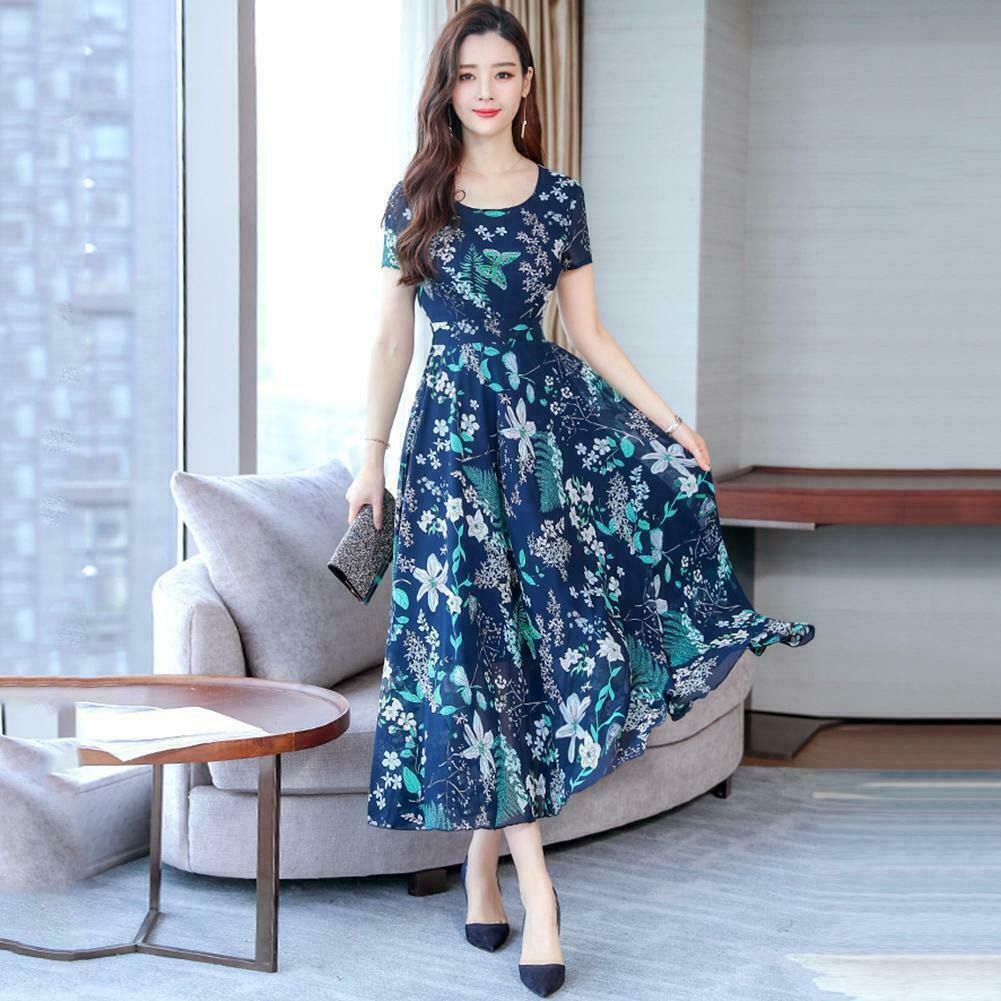 L-3XL Dresses Long Size Plus Print Floral Women Slim O-neck Sleeve Short Dress