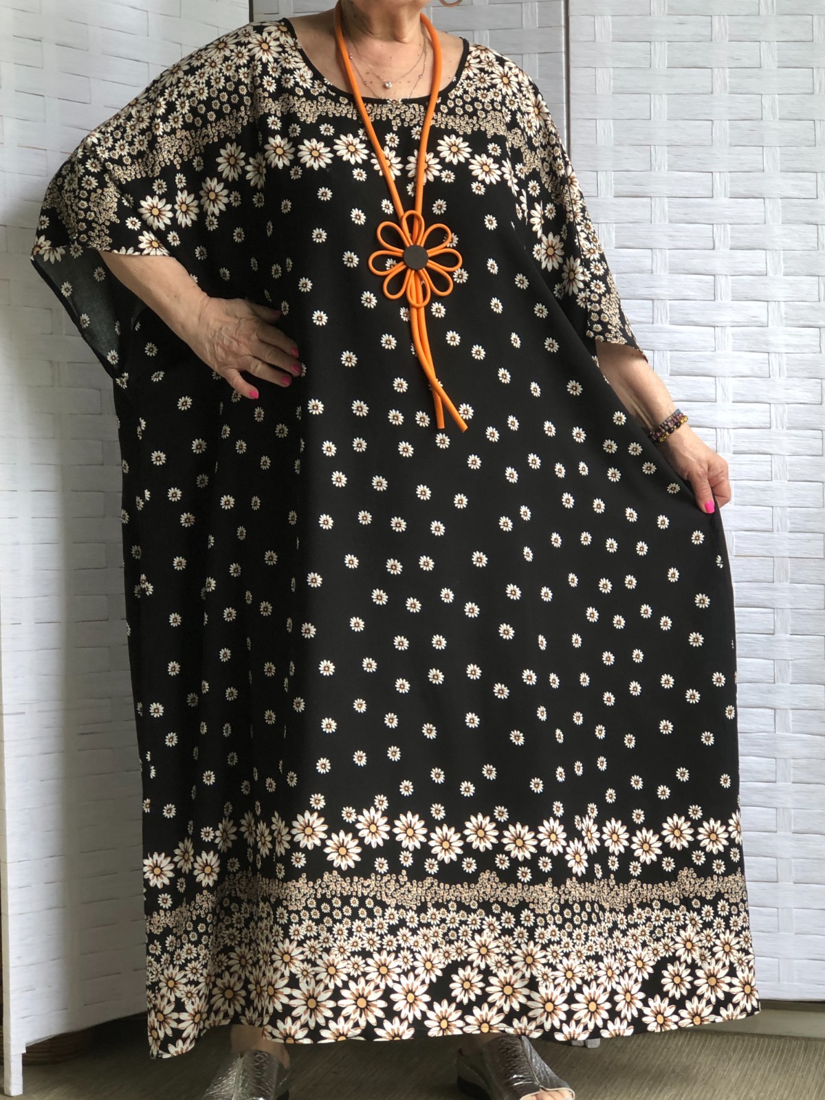 LAGENLOOK ARTSY BOHO KAFTAN OVERSIZED FLORAL VISCOSE DRESS WITH NECKLACE