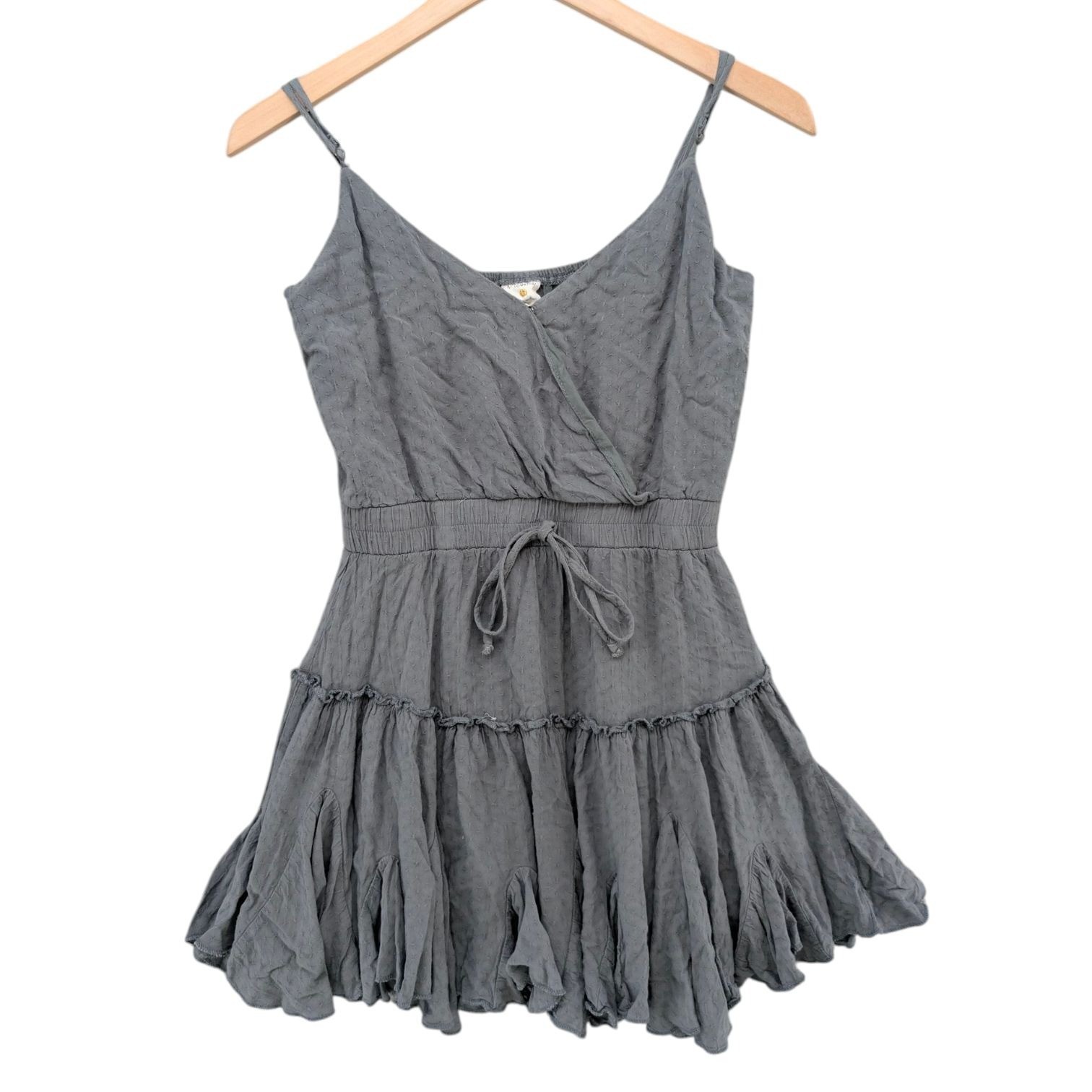 By Together Mini Dress Sage Green Faux Wrap Pleated Tiered Sleeveless Boho Sz S