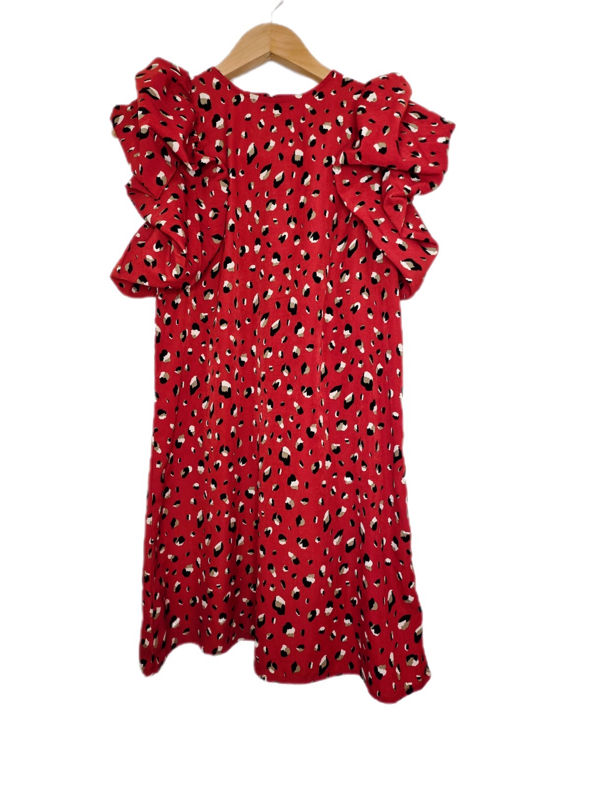 THML Anthropologie Dress Mini Short Red Animal Leopard Print Ruffle Sleeve