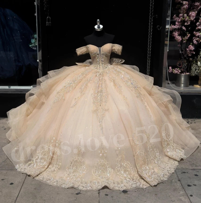 Champagne Quinceanera Dresses Off The Shoulder Beading Sweet 16 Prom Ball Gowns