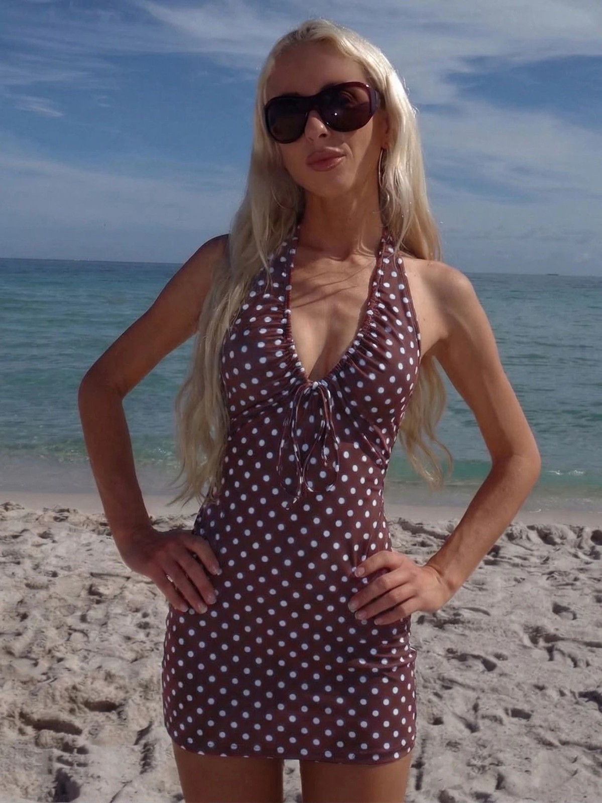 Women’s Polka Dot Halter Mini Dress Backless Lace Up Summer Dress