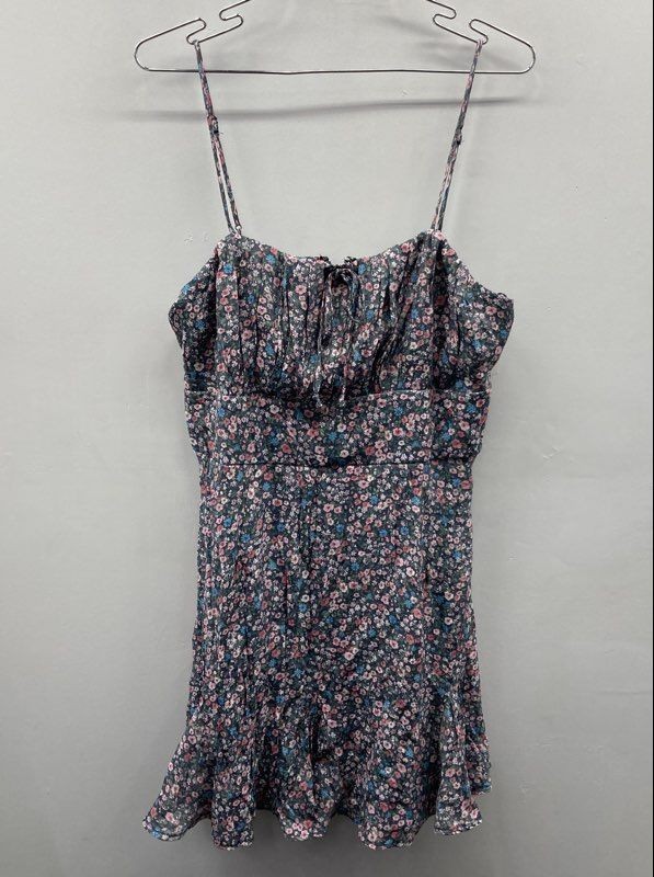 Mi Ami Francesca’s Womens Navy Floral Mini Dress Ruffle Spaghetti Strap NWT Sz L