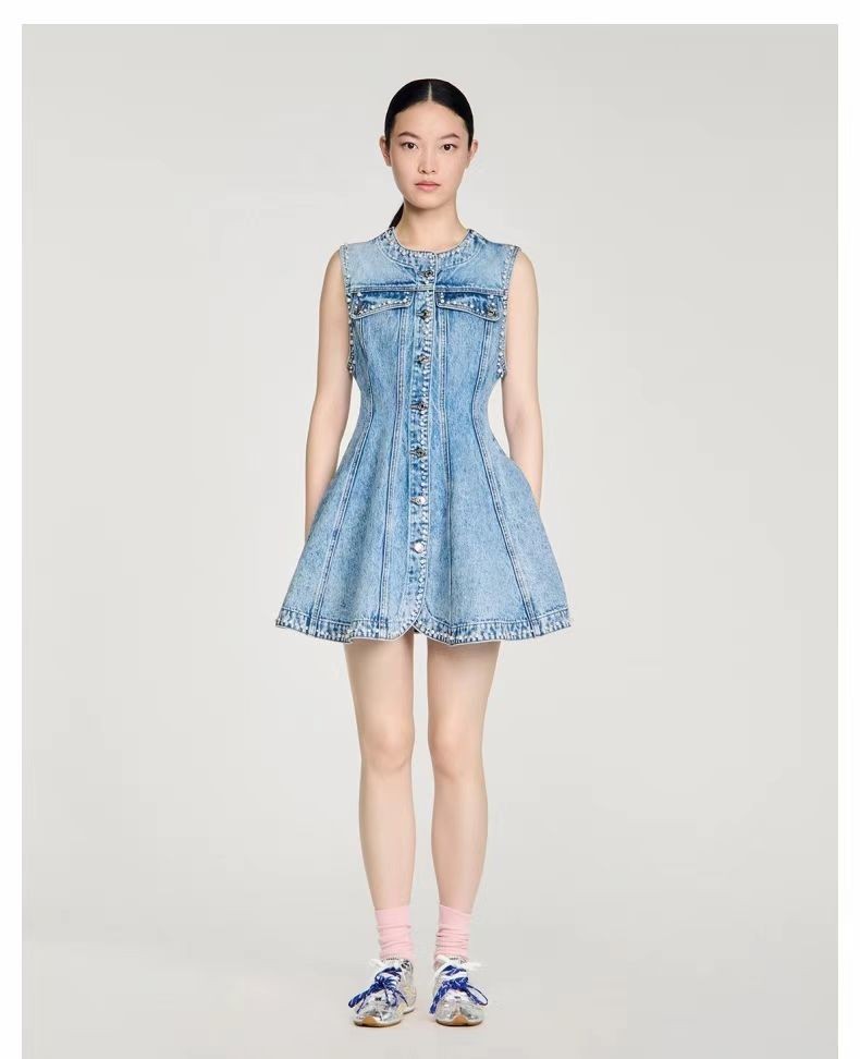 Sandro Ruffled edge V-neck Rhinestone Beaded Denim sleeveless Dresses Women’s