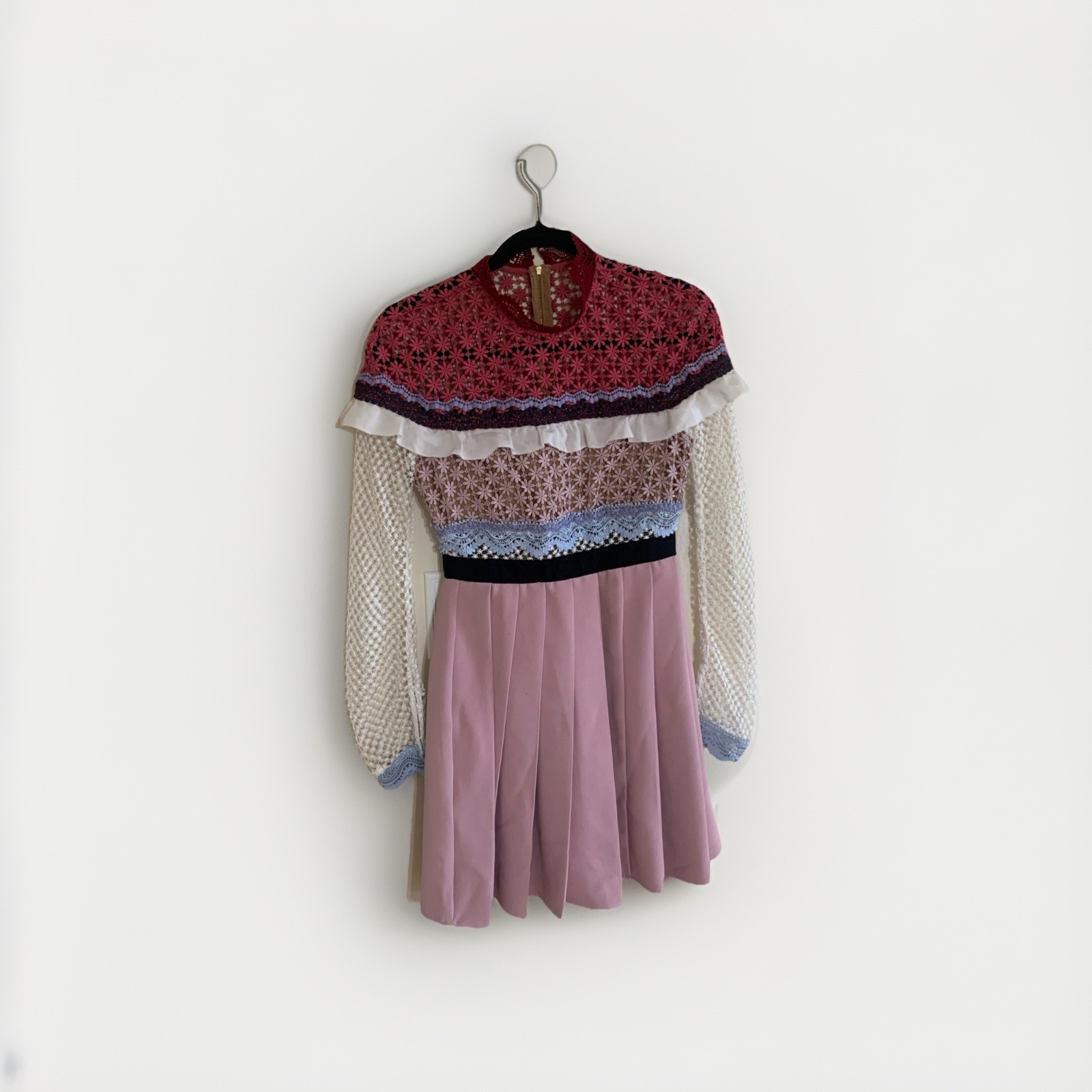Self-Portrait Bellis Lace Trim Sheer Sleeves Pleated Mini Dress Pink White Sz 4