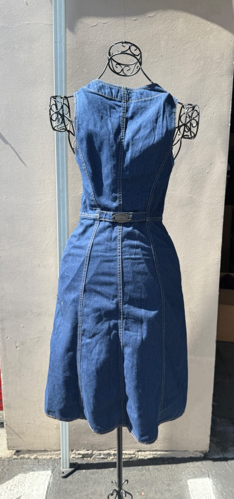 Vintage 70s Levis Denim Sundress Fitted Button Front Dress Brass Buckle In Back
