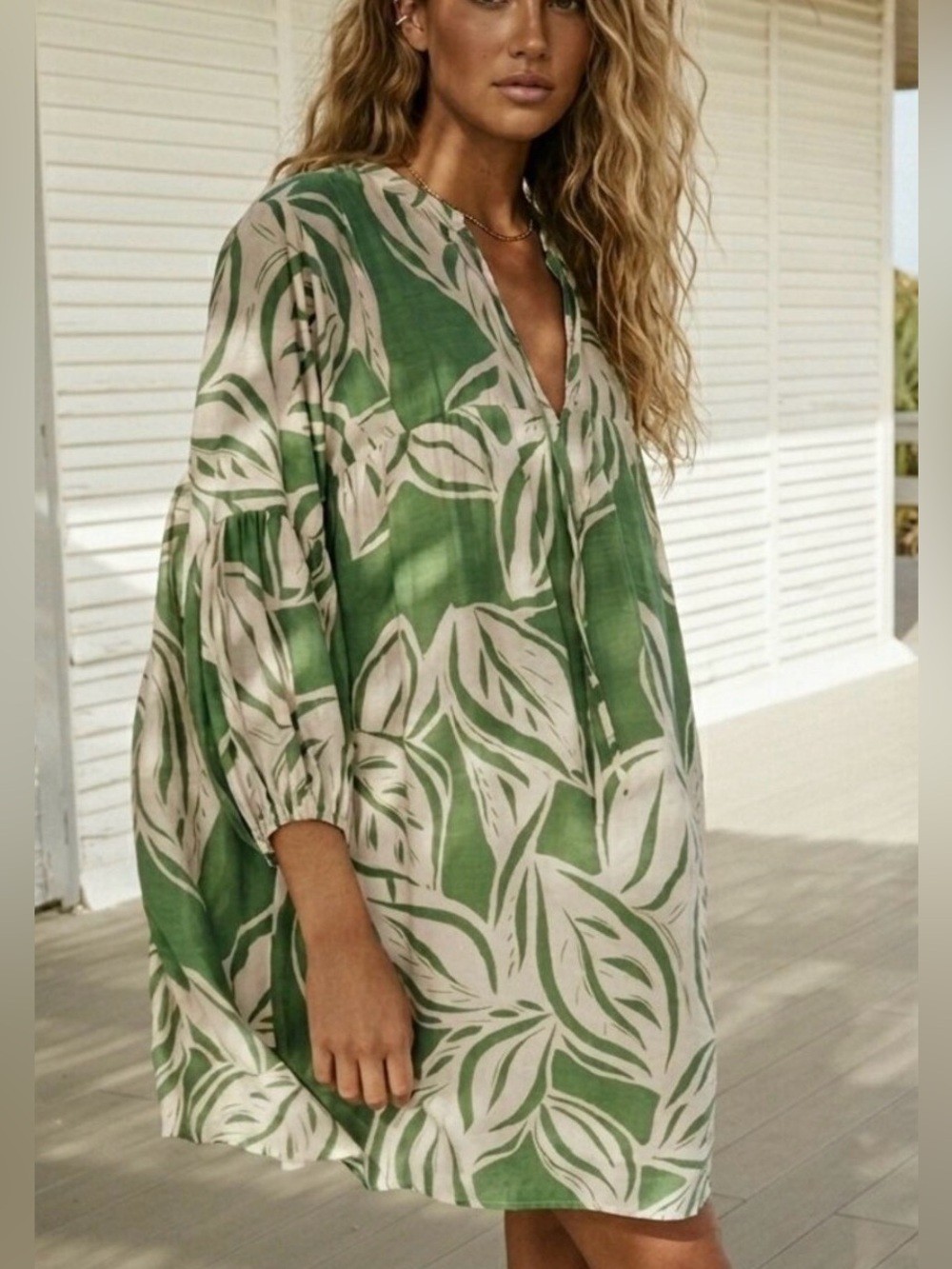Zara Women’s Green Leaf Print Above Knee Babydoll Dress Size S Small