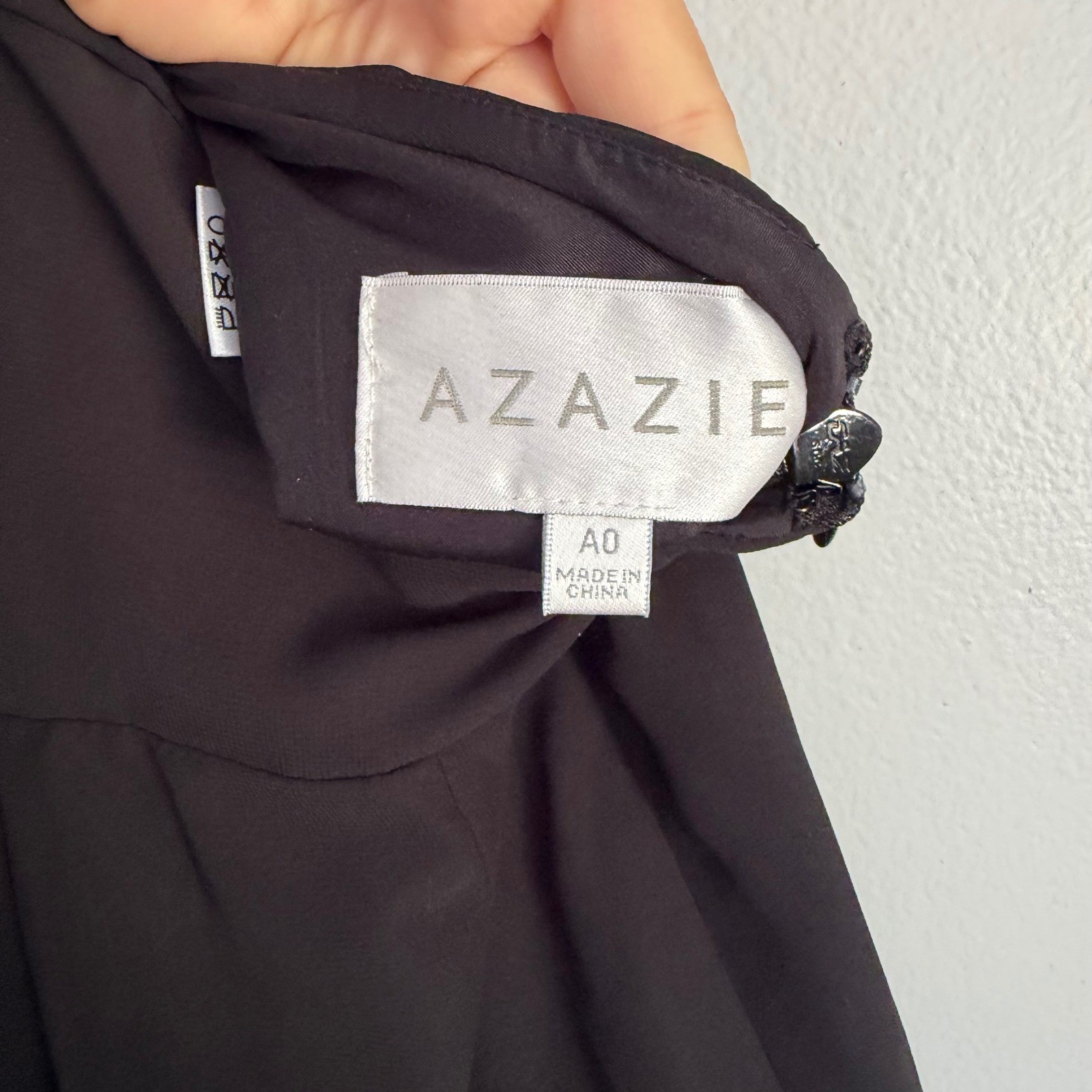 Azazie Black Chiffon Formal Gown V-Neck Strappy Back Maxi Dress Slit Size A0