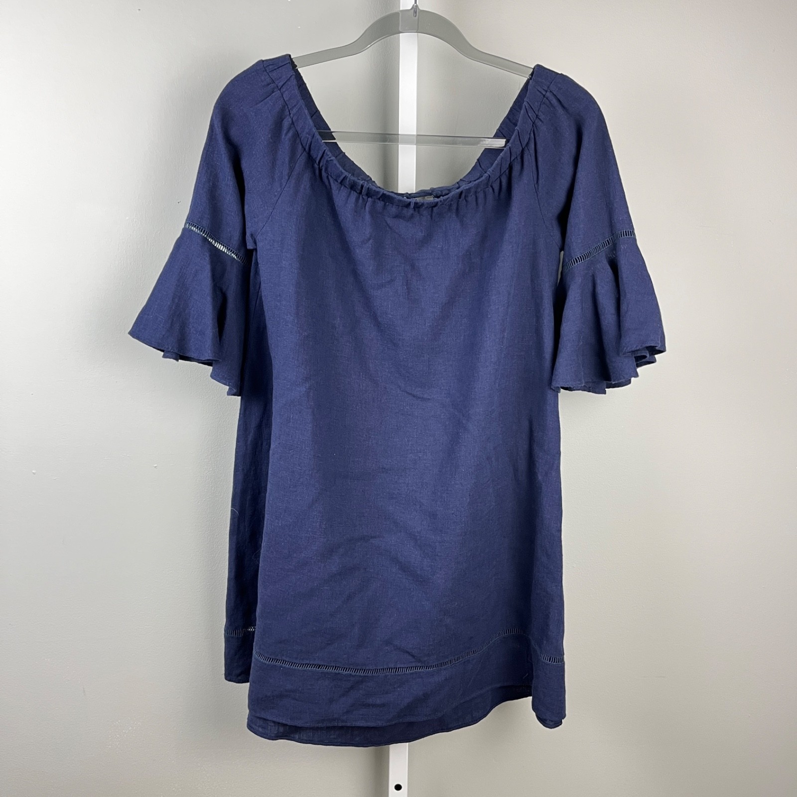 Forcynthia Beachwear Linen Blend Tunic Dress Womens S Navy Blue Off Shoulder
