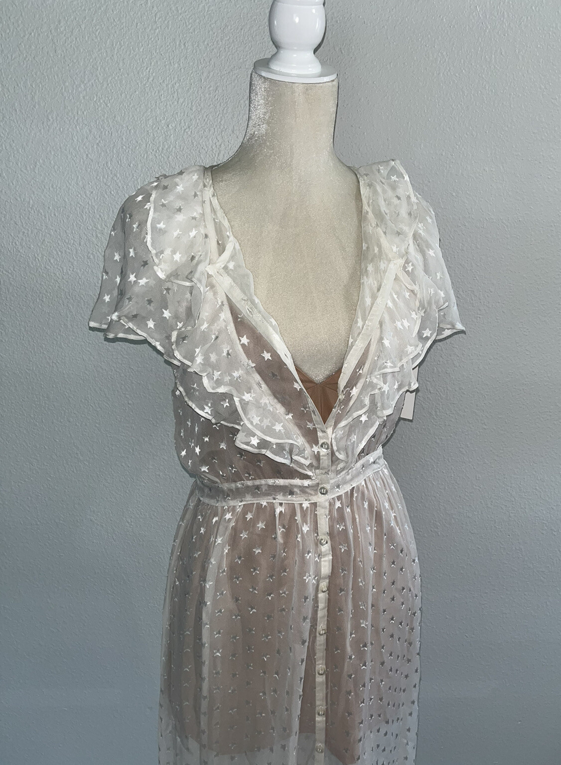 FOR LOVE AND LEMONS Firecracker Button Ruffle Midi Dress Cream Sheer Star S New