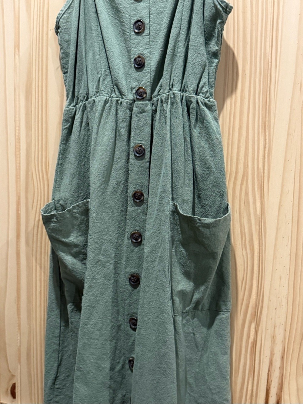 Spaghetti Strap Button-Front Green Dress with pockets, Size Small