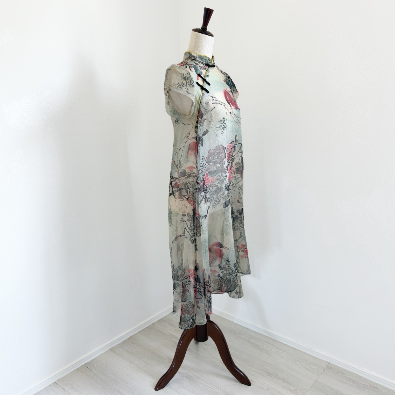 Delicate Cheongsam Dress Womens Small* Bird Mandarin Collar Whimsical Dainty