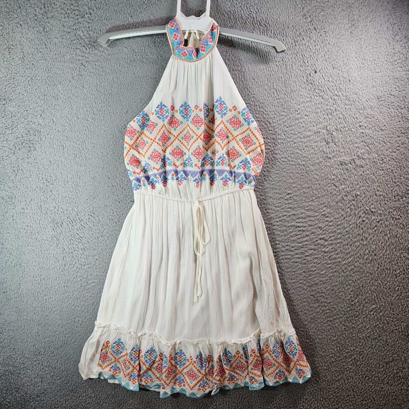 NEW Savanna Jane Sleeveless Mini Dress Small Tie Neck Lined Embroidered White