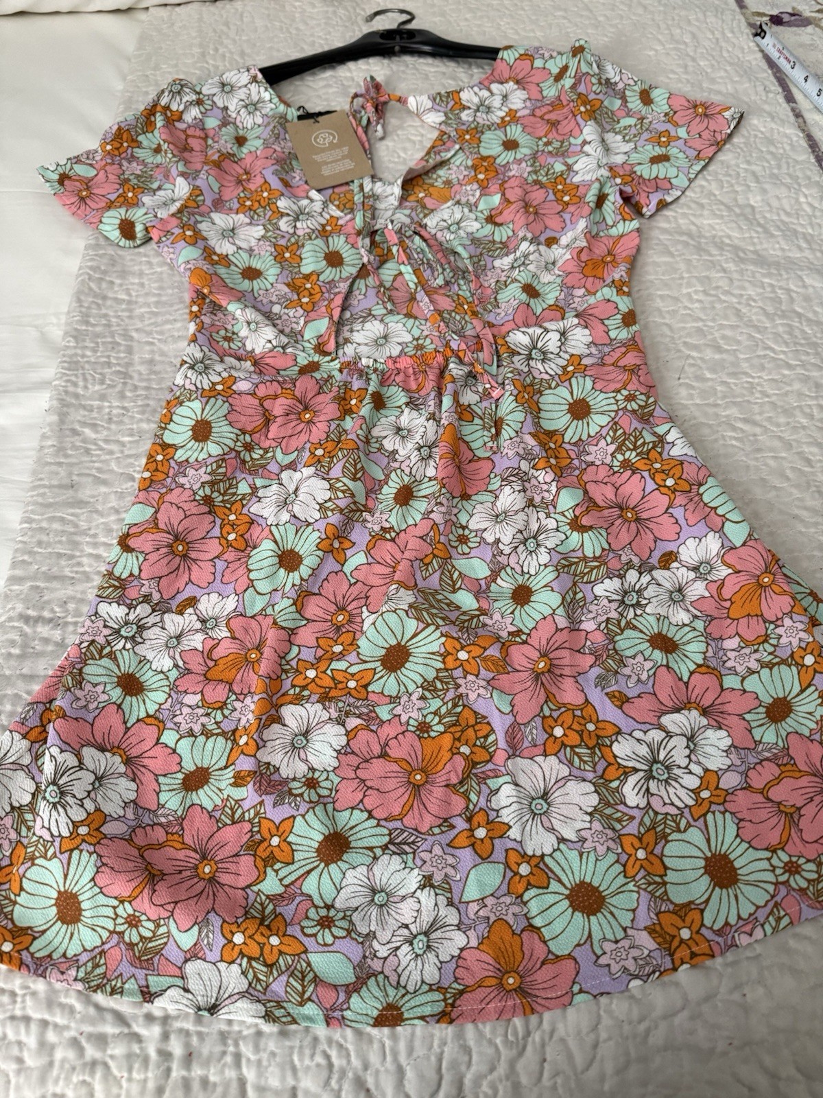 VERO MODA Multicolor Floral V-Neck Keyhole Tie Back Knit Mini Dress S