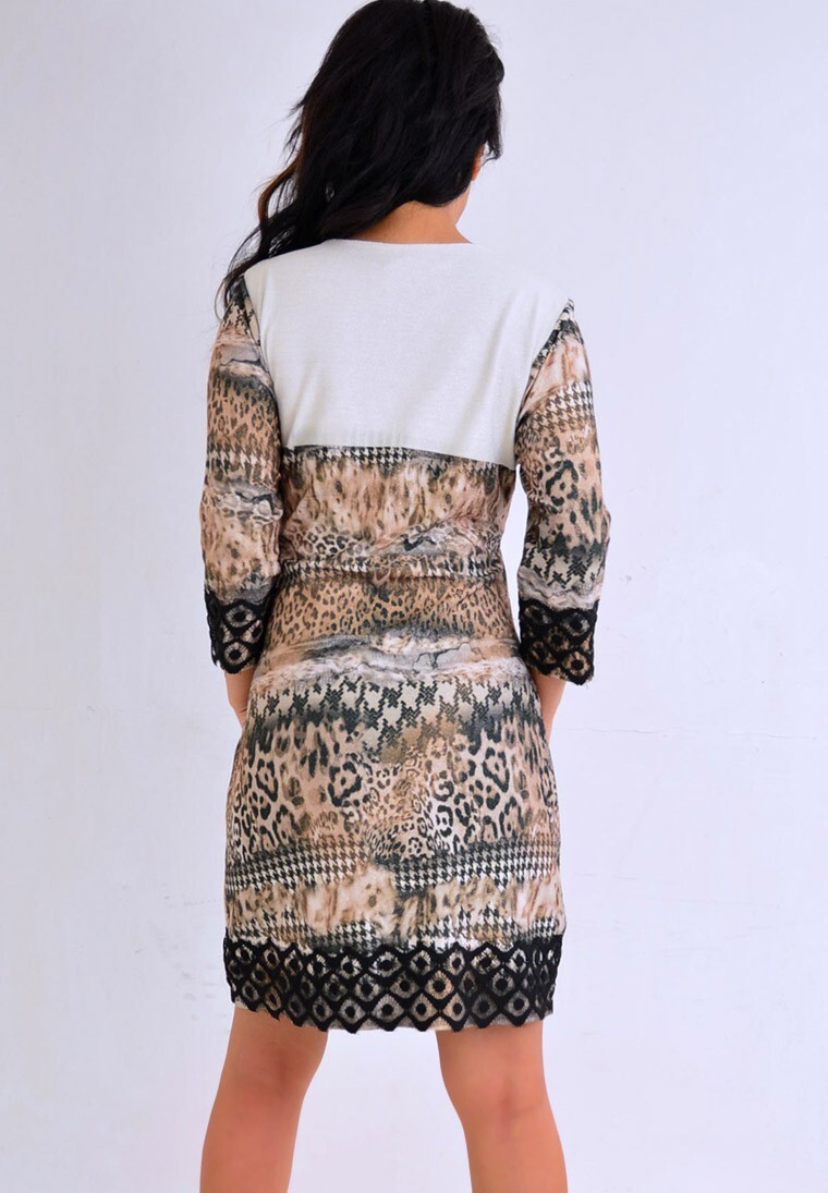 AMOR DE CUBA Black Brown Gold Metallic Lace Animal 3/4 Sleeve Dress L NWT