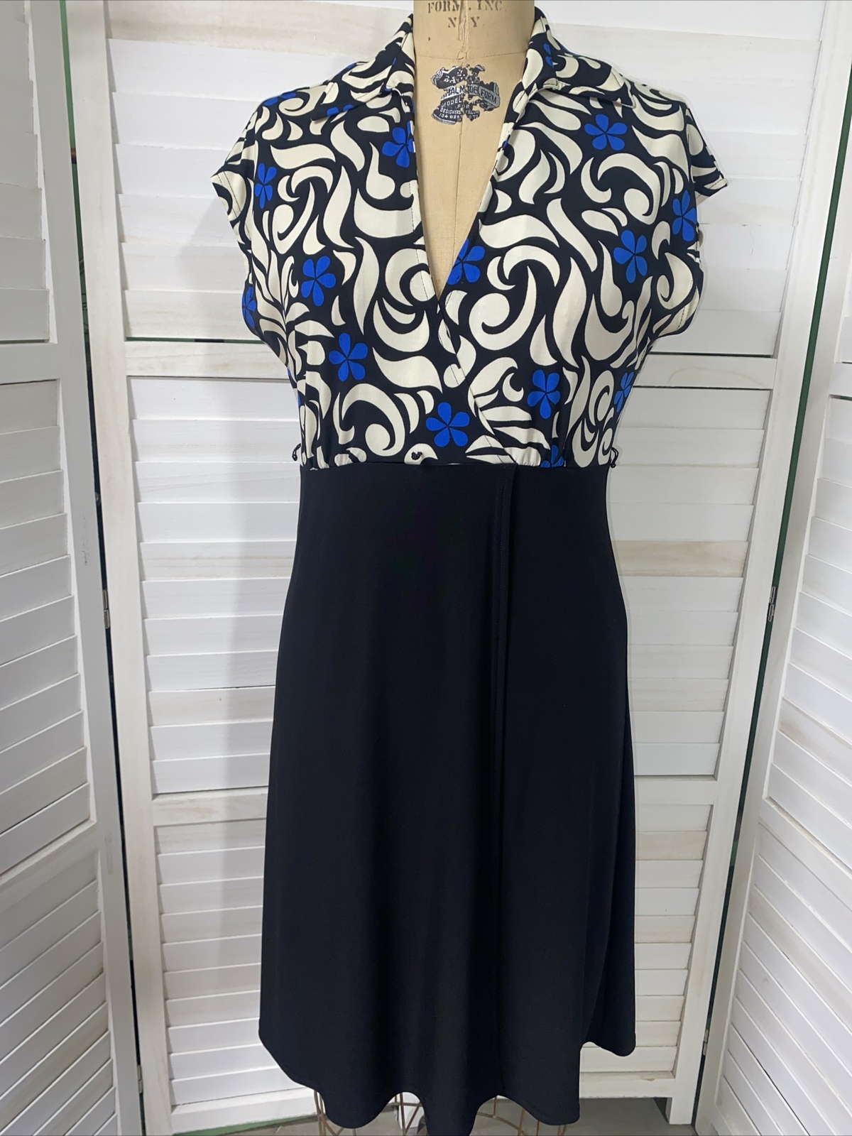 Jessica Howard Petite Women’s A Line Dress Poly Knit Black Cream Blue Sz 6P