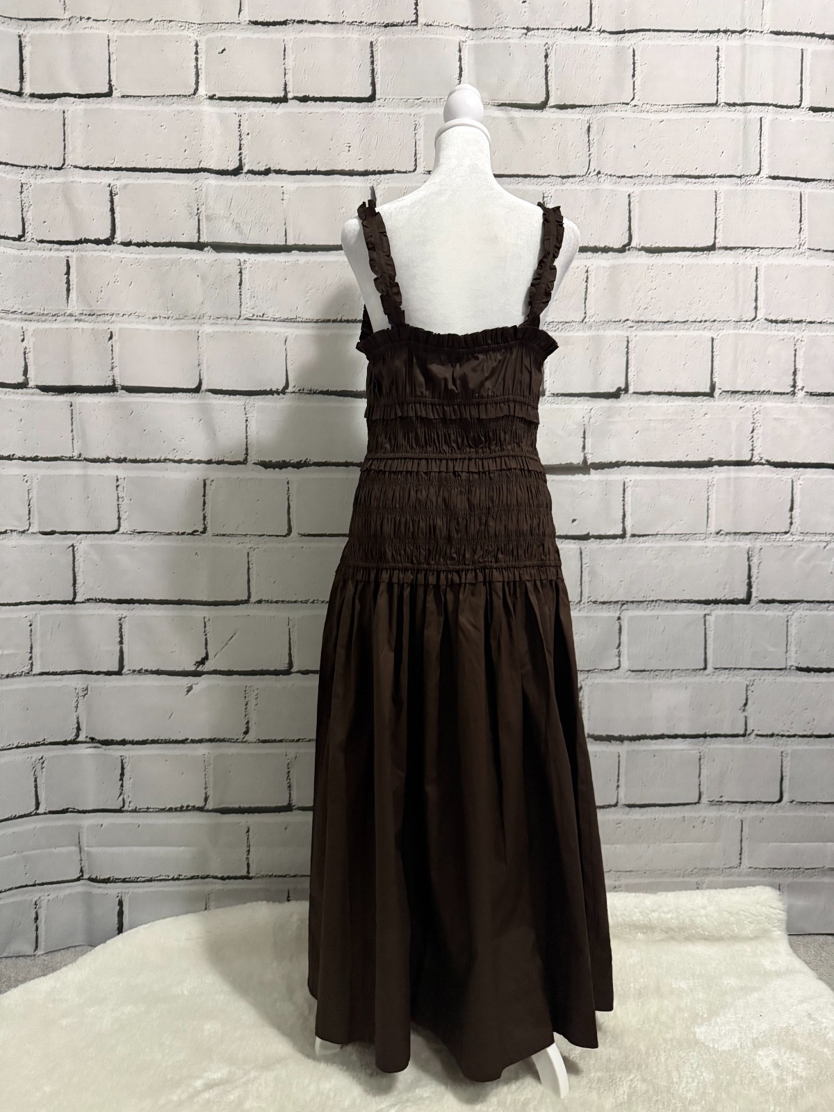 NWT Caroline Constas Brown Smocked Cotton Midi Dress Ruffle Straps S