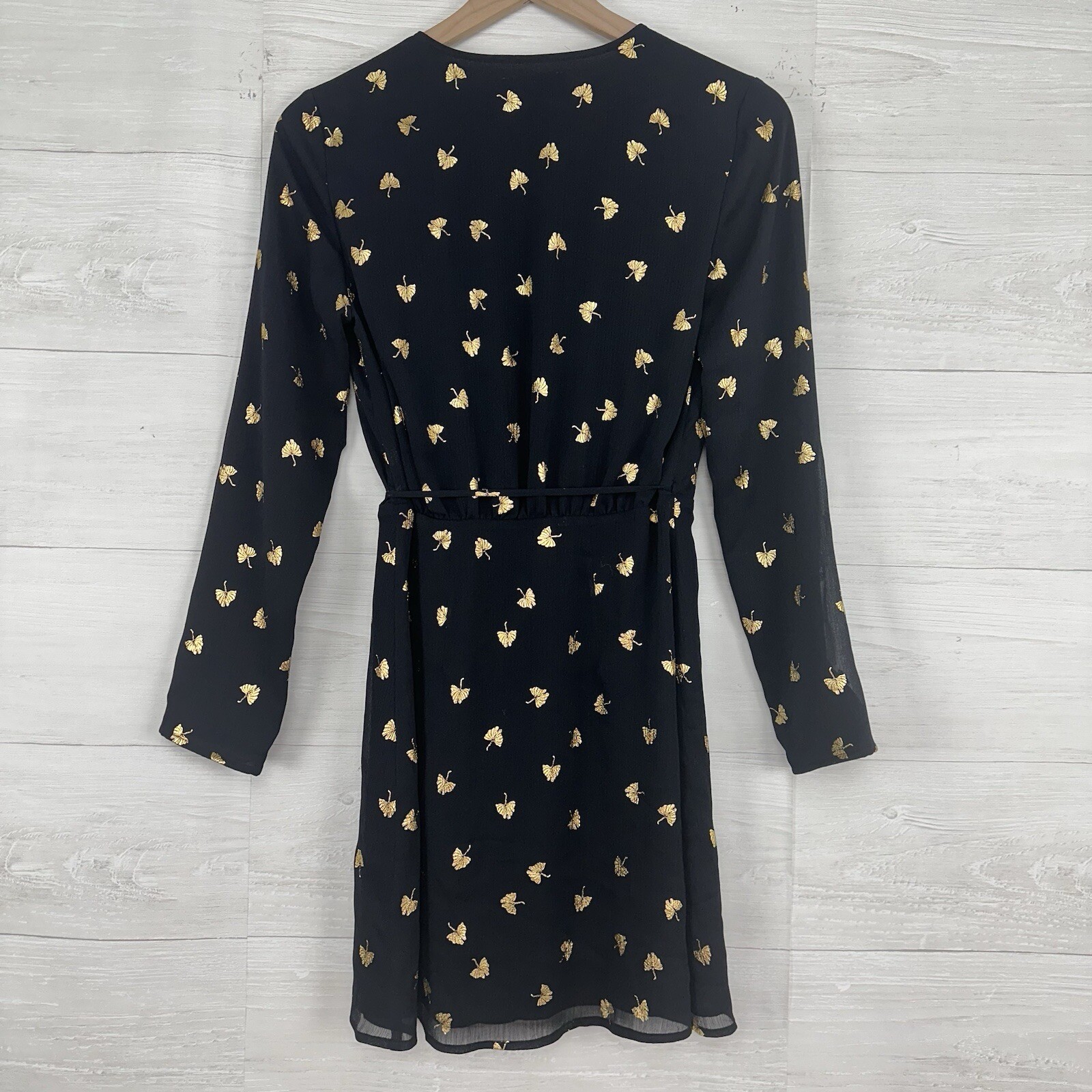 & Other Stories Mini Wrap Dress Size 0 Black Gold Leaves Long Sleeve Twee