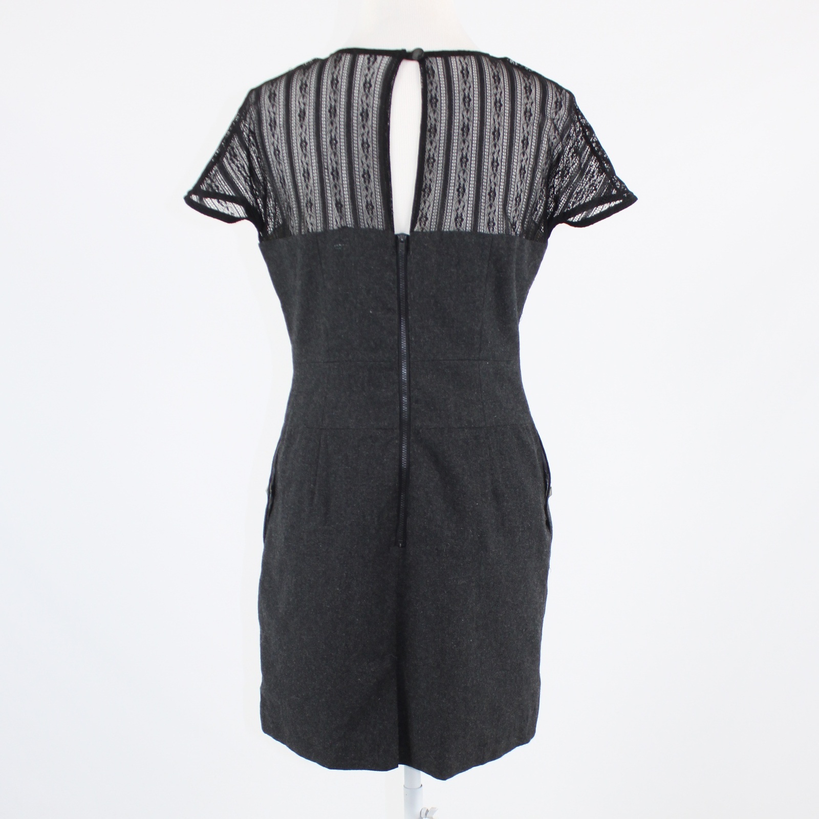 Charcoal gray TULLE black sheer lace neckline cap sleeve sheath dress L