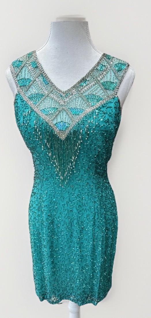 Cache Beaded Sequined Teal Formal Evening Dress Sz 8 Party 90s Y2K Flapper NYE