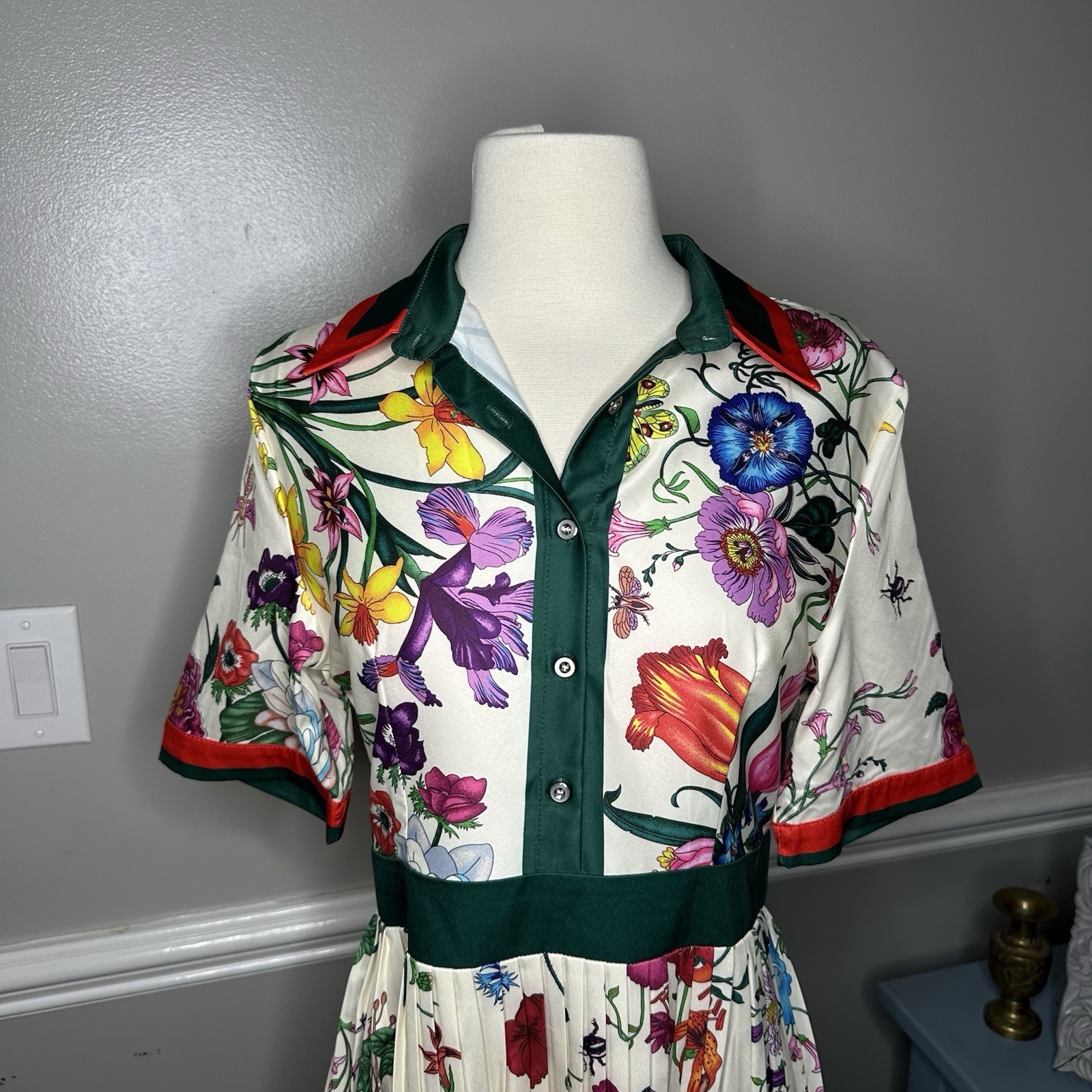 NWT Dalia MacPhee Floral Collard Midi Dress Button Pleated
