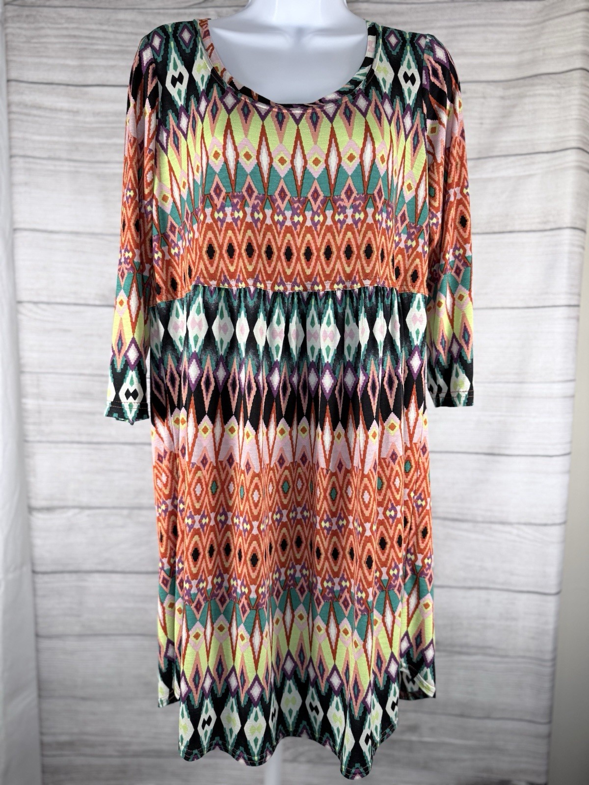 Uncle Frank’s Multicolor Geometric Knit Shift Dress M 3/4 Sleeve Scoop Neck